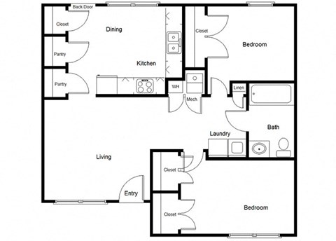 Floor plan for 2 beds, 1 bath, 884 sqft
